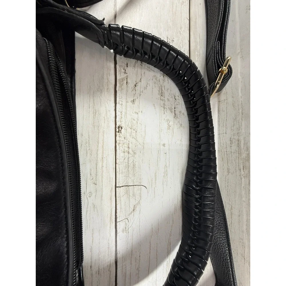 Black Faux Leather Hobo Bag Braided Handle Gold Hardware Crossbody‎ Shoulder Bag